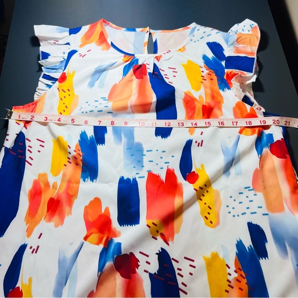 Abstract Paint Brush Print Ruffle Sleeve A-Line Tunic Dress – Lightweight - Picture 4 of 8